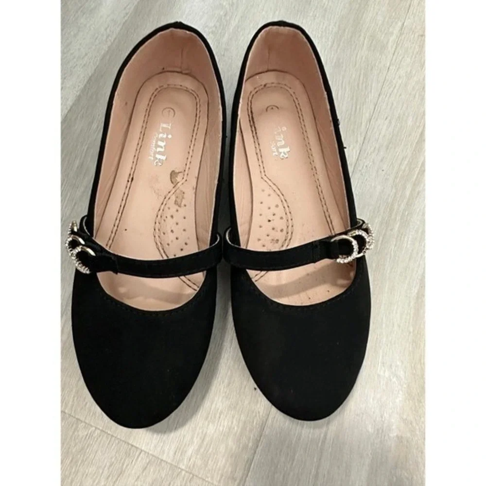Kids Black Ballet Flats Mary Jane Style Rhinestone Buckle Comfort Shoes sz 1